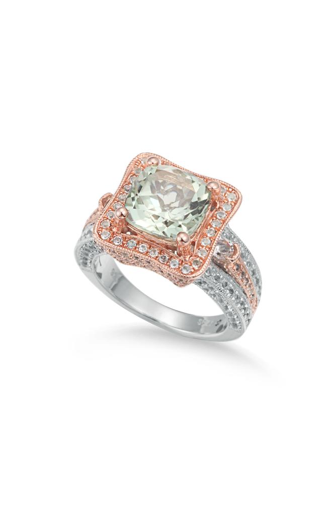 Suzy Levian Green & White Topaz Two-Tone Ring
