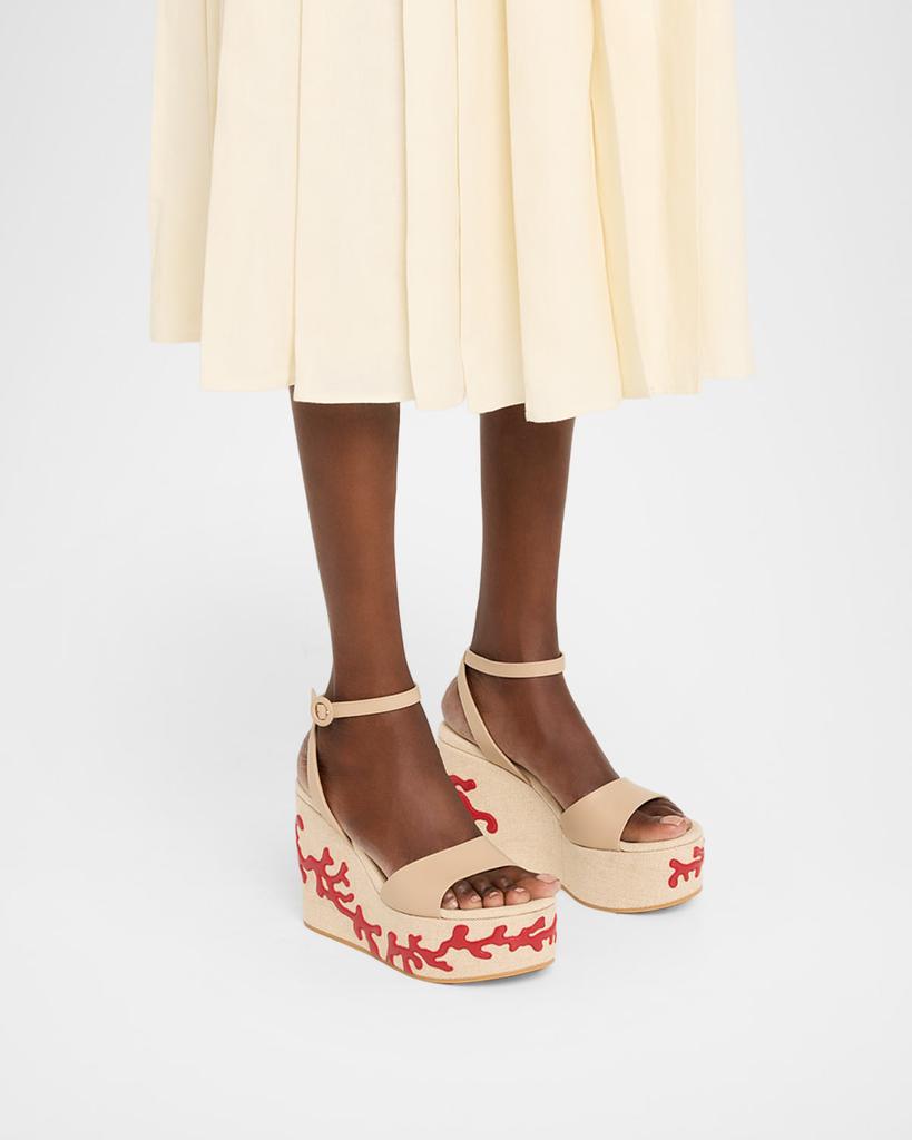 Gianvito Rossi 60mm Coral Leather and Canvas Wedge Sandals