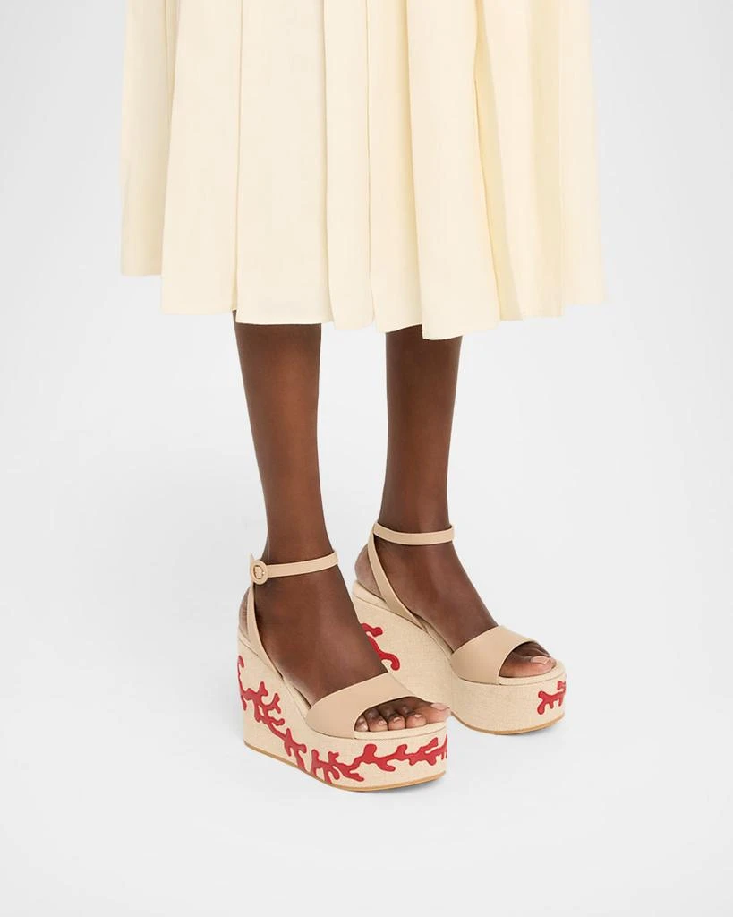 Gianvito Rossi 60mm Coral Leather and Canvas Wedge Sandals 2