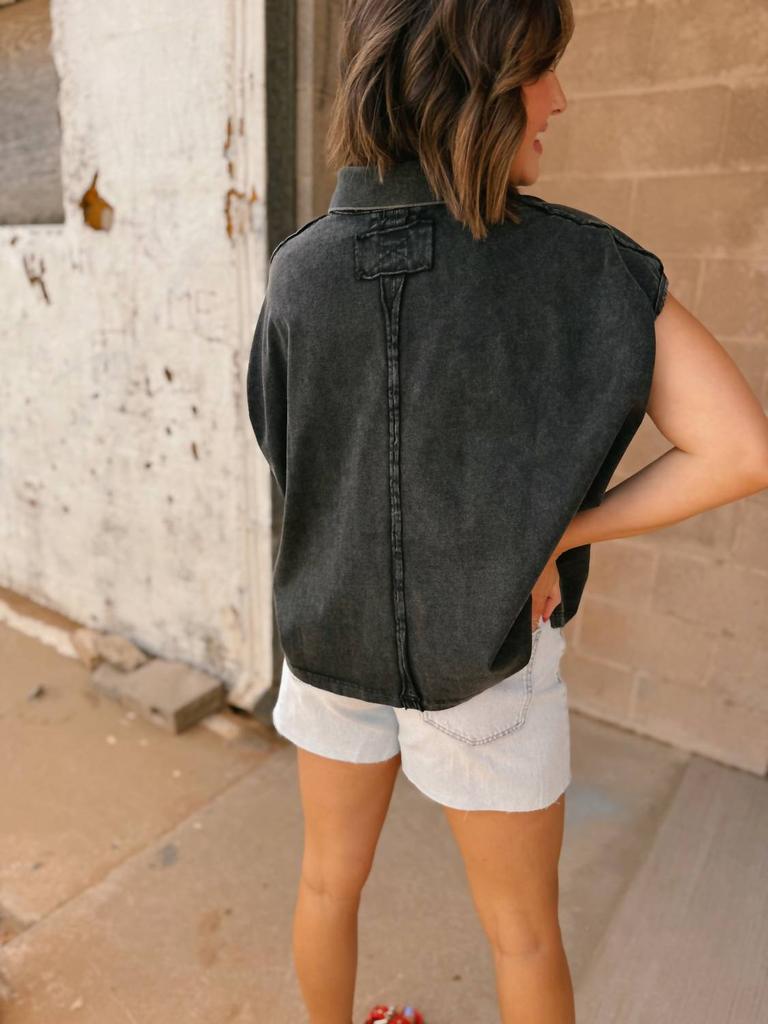 BUCKETLIST Cap Sleeve Washed Polo Shirt In Charcoal