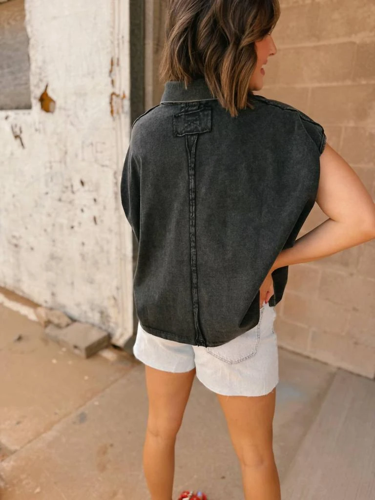 BUCKETLIST Cap Sleeve Washed Polo Shirt In Charcoal 2