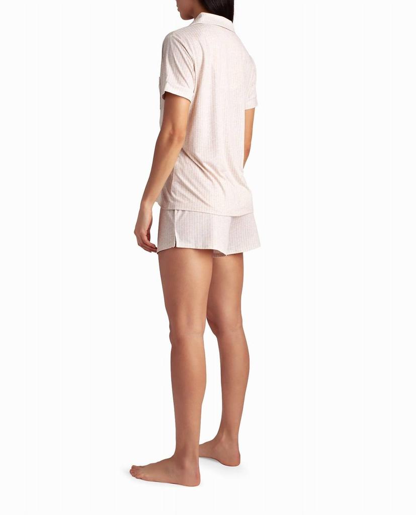 Nicole Miller Peached Jersey Shirt And Short Two-Piece Sleepwear Set In Oatmeal Stripe