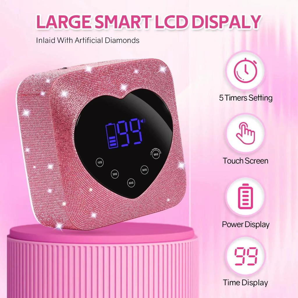 ERUULE 72W Cordless Rechargeable UV LED Nail Lamp with Rhinestone Heart Design for Manicure and Pedicure Tools 3