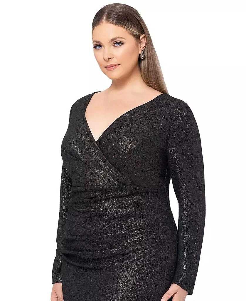 XSCAPE Plus Size Ruched Foil-Knit Long-Sleeve Gown 4