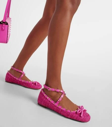 Valentino Rockstud leather-trimmed bouclé ballet flats 4