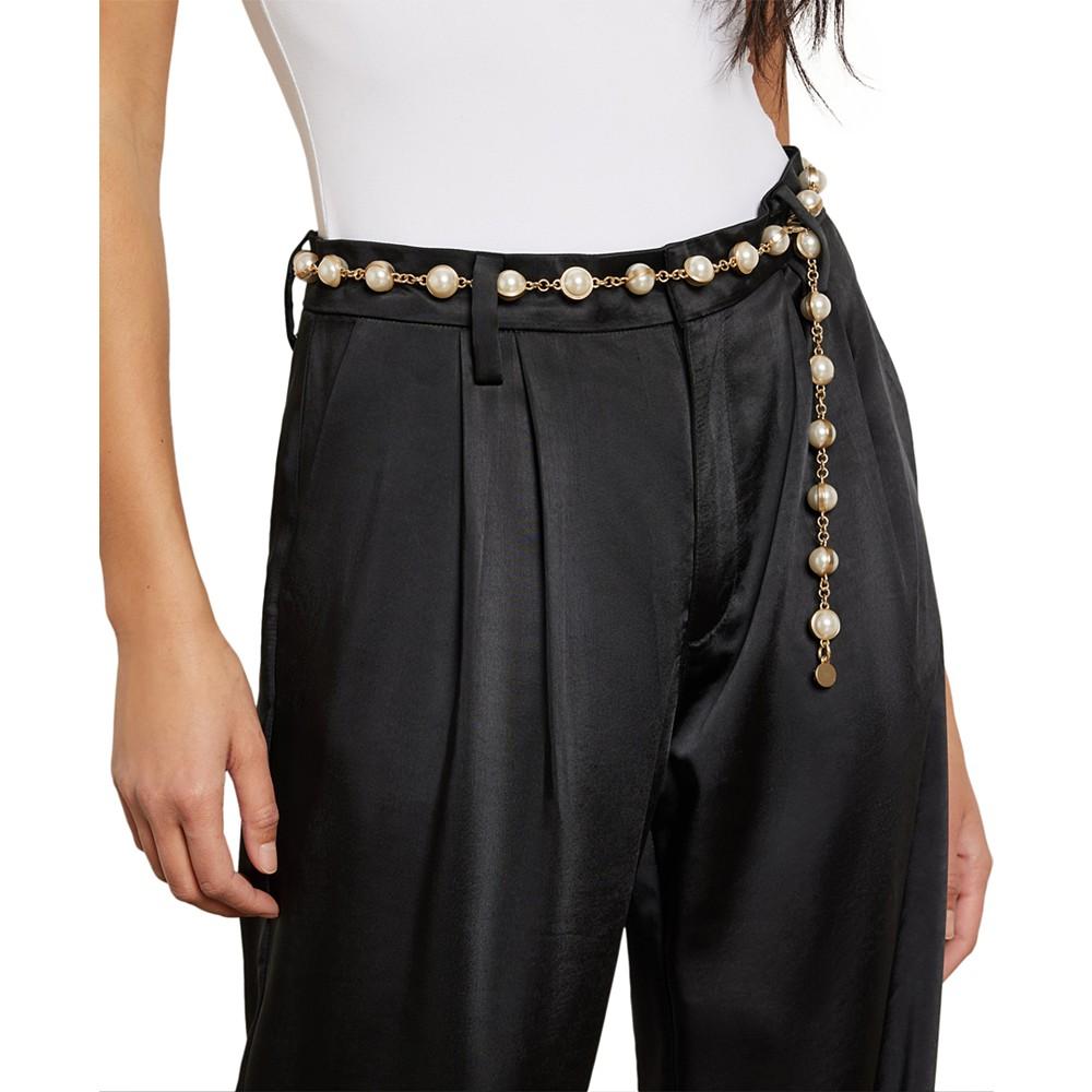 Sam Edelman Women's Imitated Pearl Embellished Gold-Tone Chain Dress Belt
