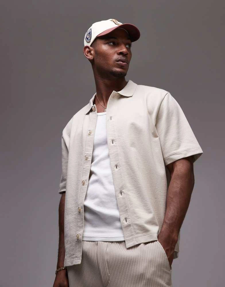 Topman Topman boxy fit button through jersey shirt in stone 1