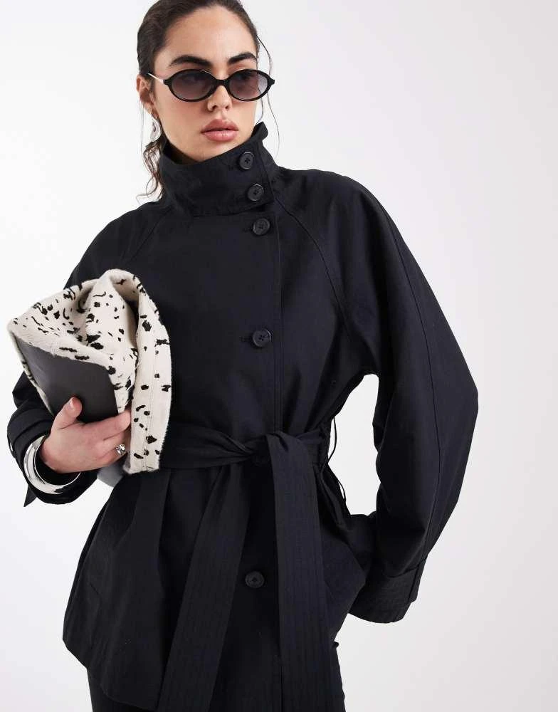 ASOS ASOS DESIGN funnel neck tie belt trench coat in black