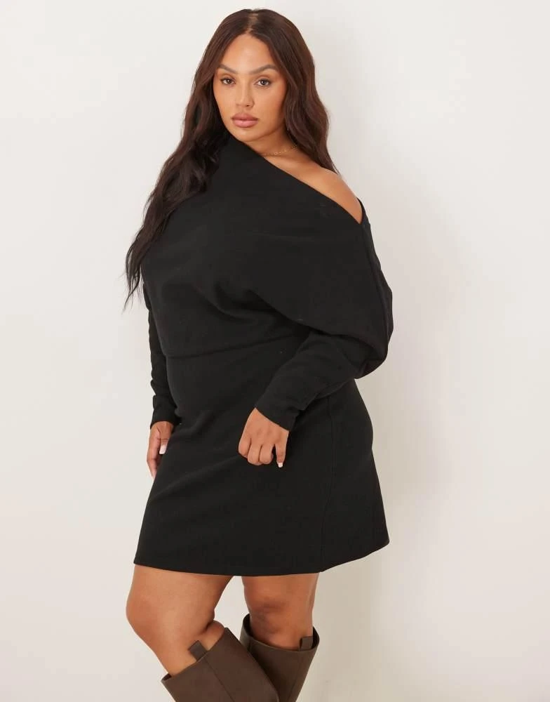 asos curve black dress ASOS DESIGN Curve cord smock mini dress with peplum hem in black main image 0