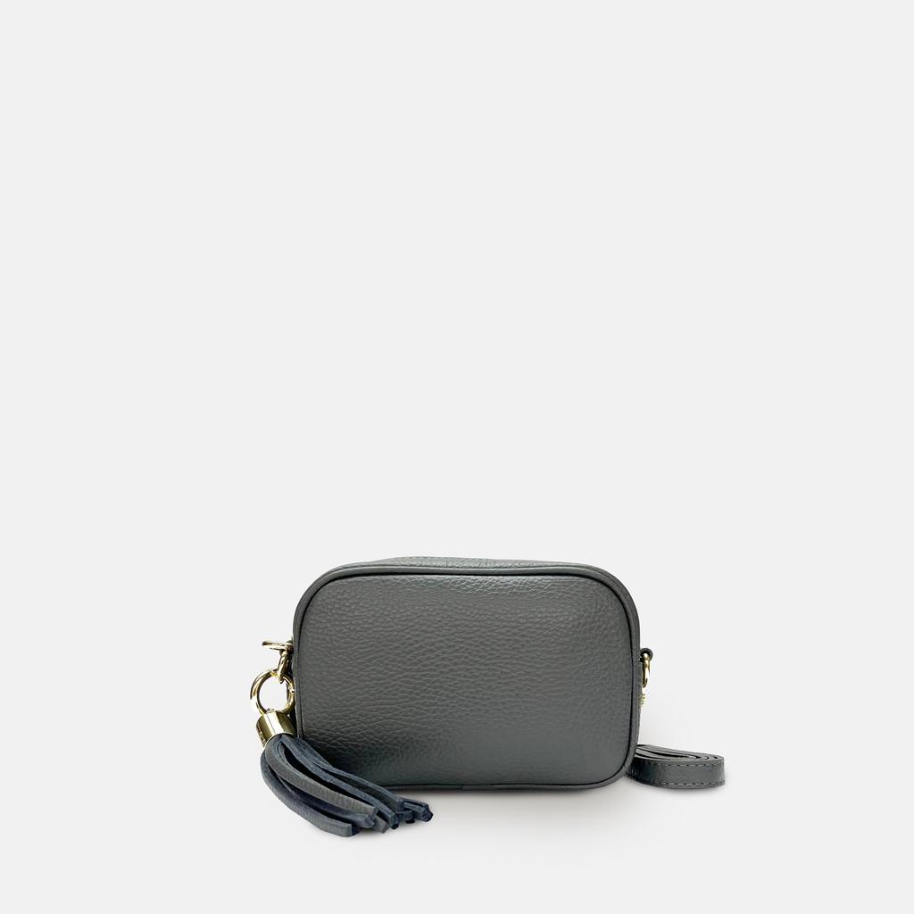 Apatchy London The Mini Tassel Dark Grey Leather Phone Bag With Tan Boho Strap