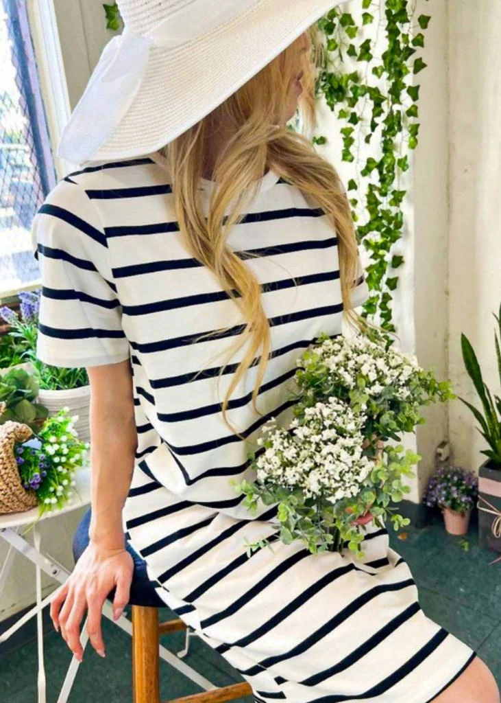 Vine 
Love Peri Stripe Knit Midi T-Shirt Dress In White / Black Stripes 3