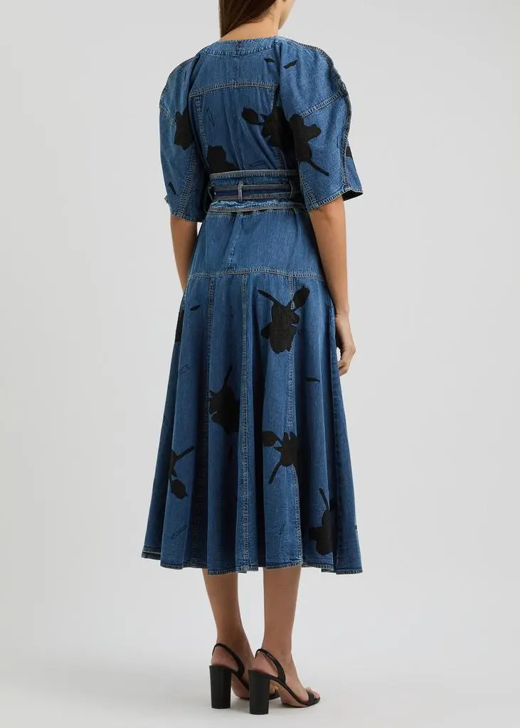 LOVEBIRDS Floral-appliqued belted denim midi dress 3