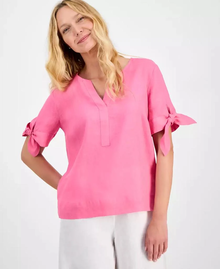 Charter Club Plus Size Linen Solid Split-Neck Tie-Cuff Top, Exclusively at Macy's 1