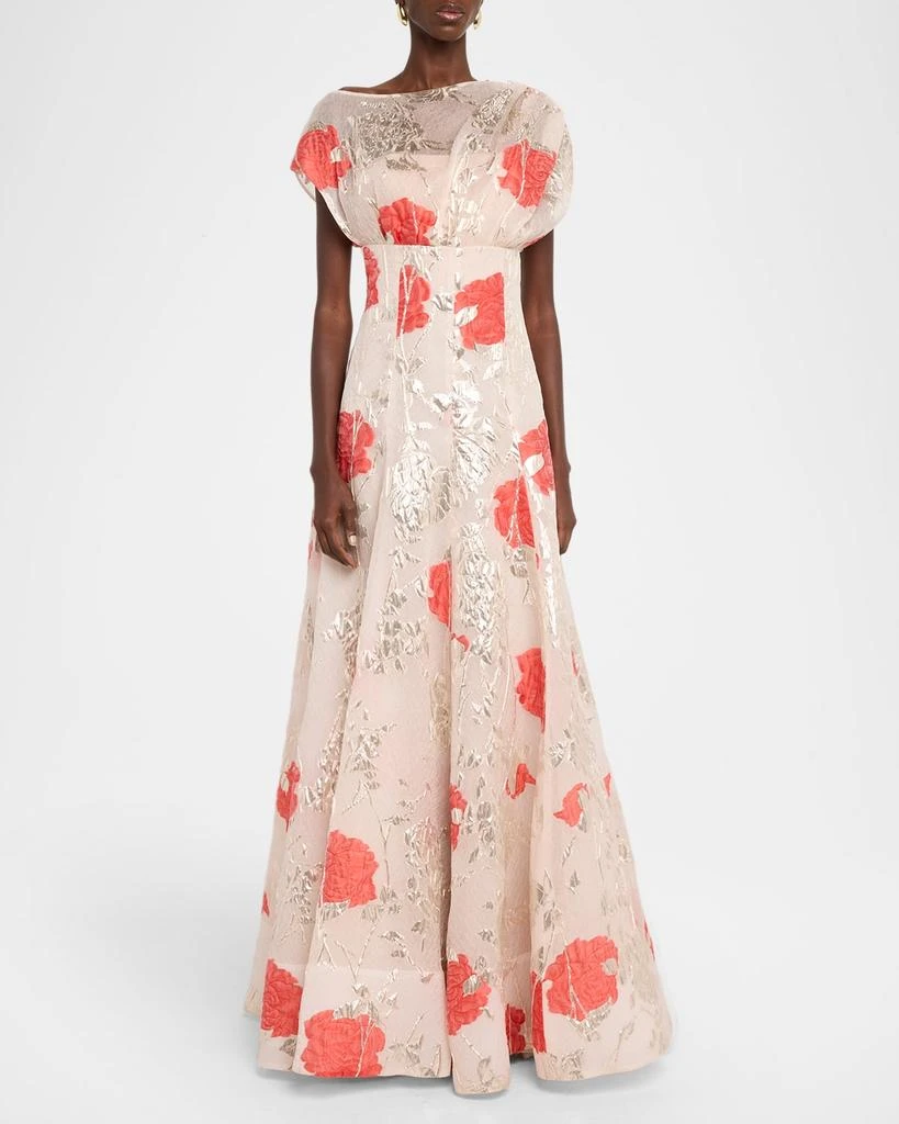 LELA ROSE Metallic Floral Fil Coupe Cap-Sleeve Gown 4