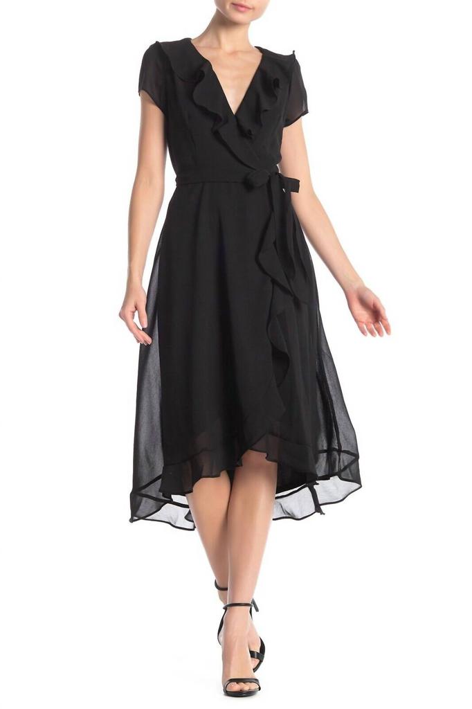 Gabby Skye Gabby Skye - Cap Sleeve Tie Waist Faux Wrap Above Knee Dress