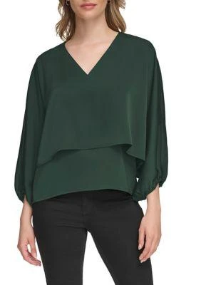 Calvin Klein Klein Womens V Neck Satin Back Crepe Popover Blouse 1