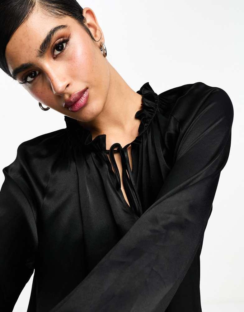 & Other Stories & Other Stories frill neck long sleeve satin dress in black