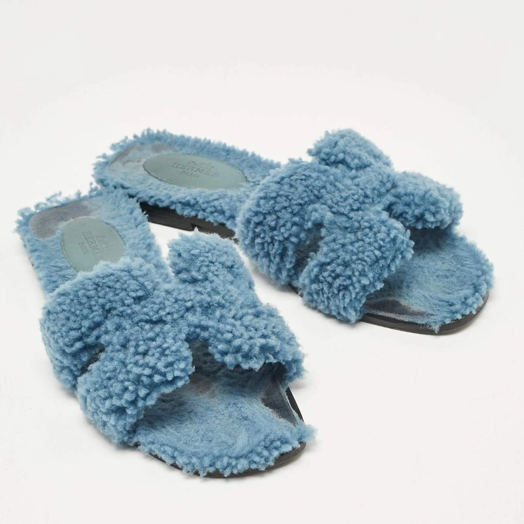 Hermes Hermes Blue Shearling Fur Oran Flat Slides Size 37 5