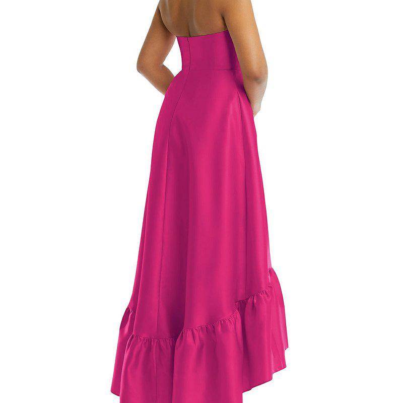 Alfred Sung Strapless Deep Ruffle Hem Satin High Low Dress With Pockets D838
