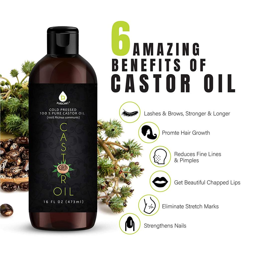 PURSONIC Castor Oil (16oz) Cold-Pressed, 100% Pure, Hexane-Free Castor Oil-Moisturizing & Healing, For Dry Skin, Hair Growth - For Skin, Hair Care, Eyelashes