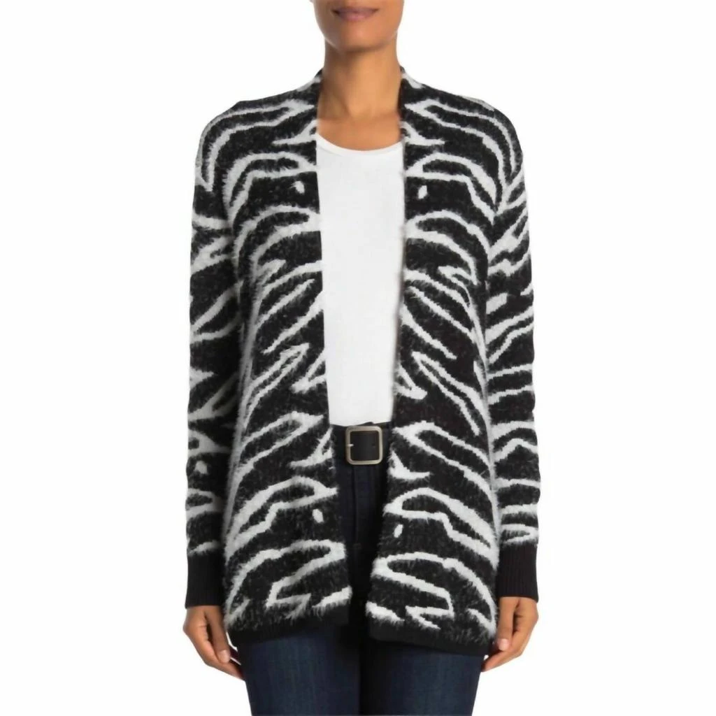 SUSINA Women's Zebra Print Open Front Eyelash Cardigan In Black-Ivory 3