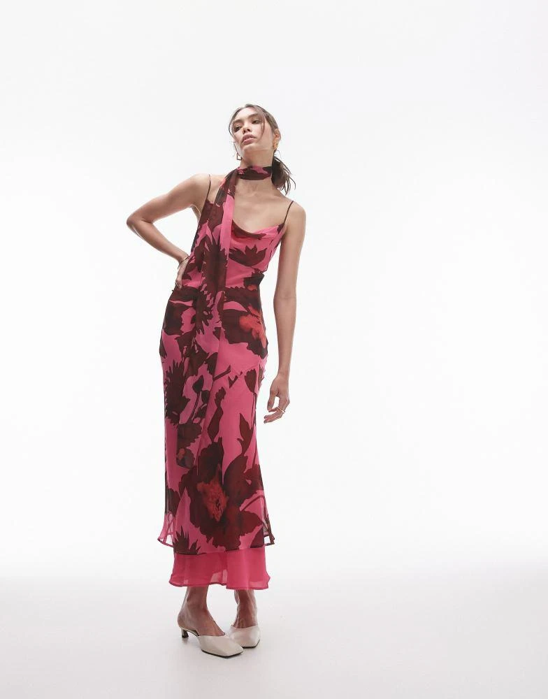 Topshop Topshop chiffon cowl slip midi dress in pink oversized floral print with scarf 1