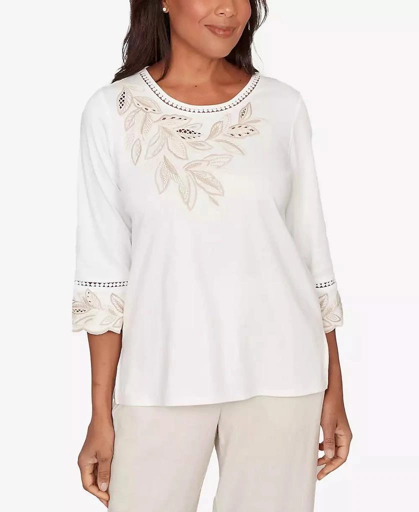 Alfred Dunner Women
s  Natural Wonder Embellished Leaf Ruffle Sleeve Top