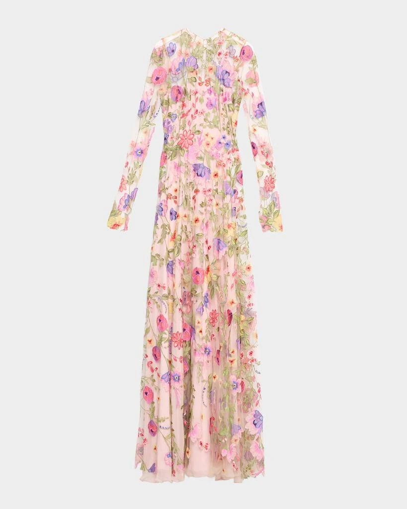 Naeem Khan Floral Embroidered Long-Sleeve Illusion Gown