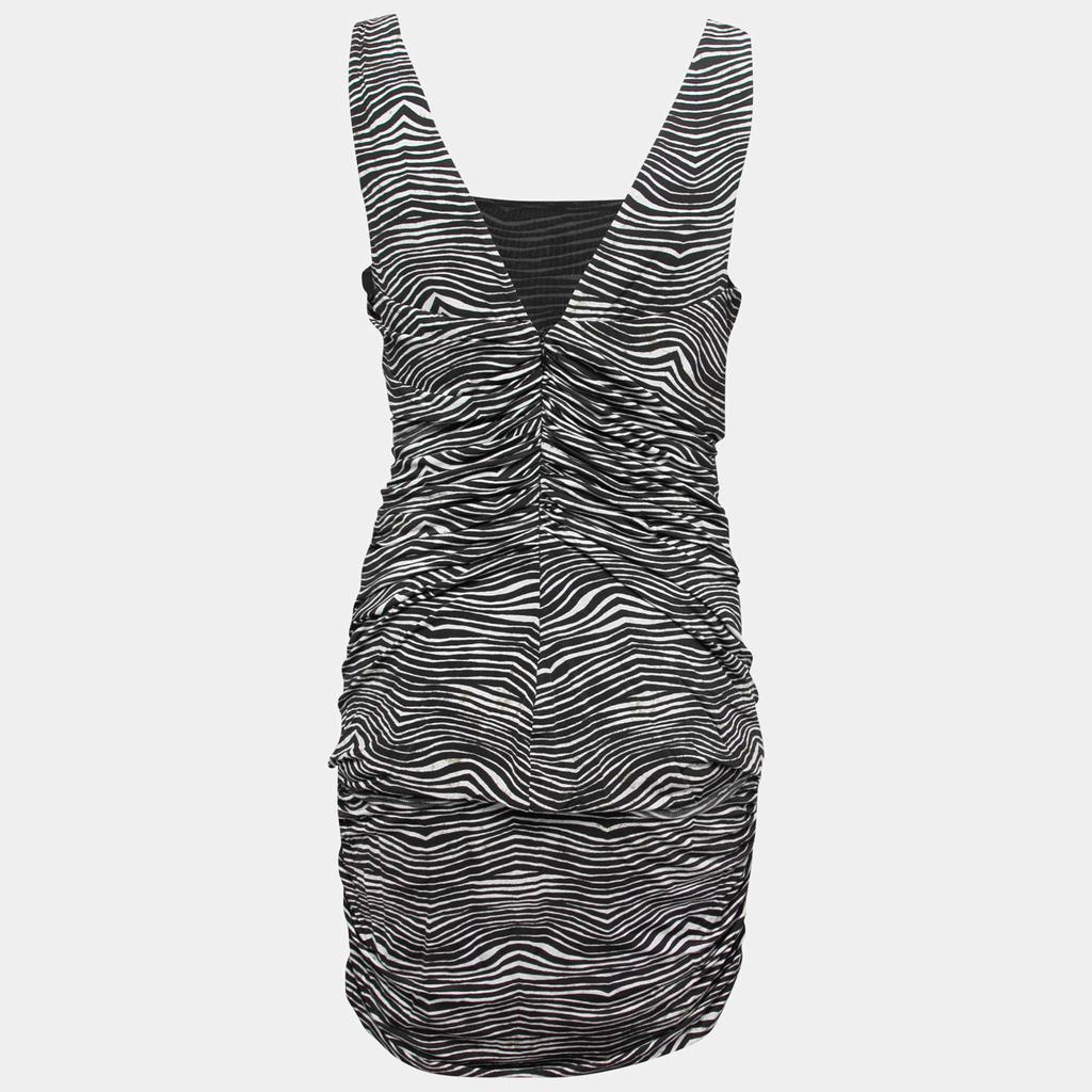 PIERRE BALMAIN Pierre Balmain Black and White Stretch Zebra Print Draped Jersey Mini Dress L