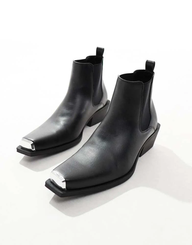 ASOS ASOS DESIGN cuban heel western chelsea boots in black faux leather with silver toe cap 2