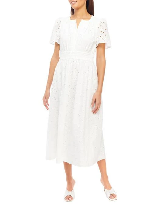 Anne Klein Klein Womens Short Sleeve Split Neck Solid Eyelet Midi Dress from Belk
