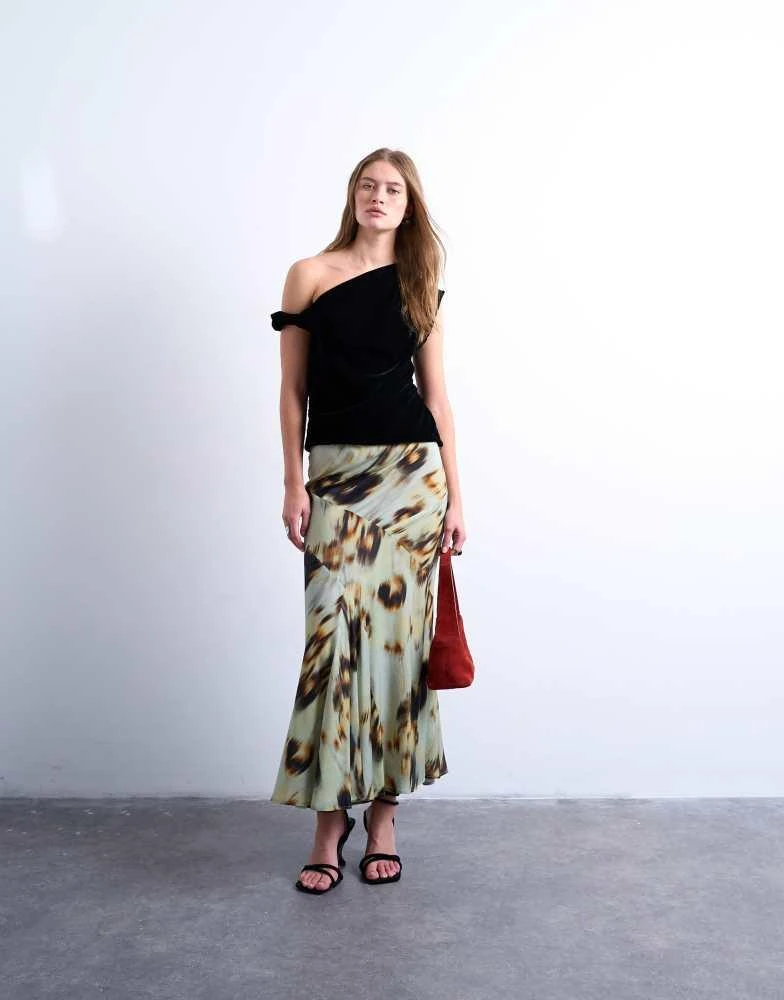 Topshop Topshop cut about midi skirt in green blur floral
