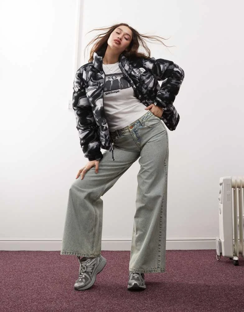 The North Face The North Face Retro Nuptse polar fleece puffer jacket in liquid grey print 3