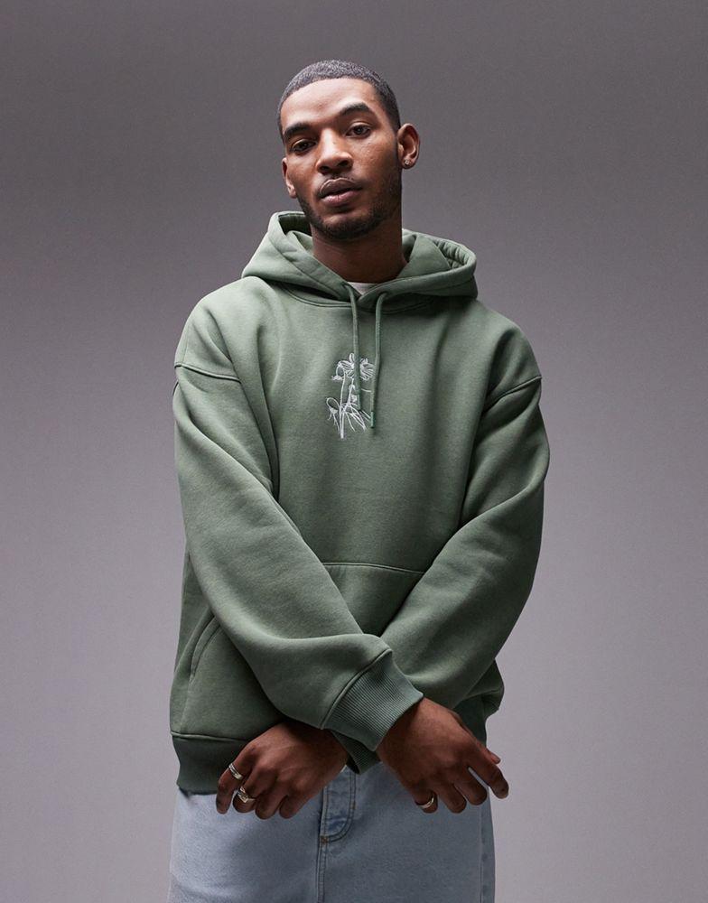 Topman Topman oversized fit hoodie with floral embroidery in washed green