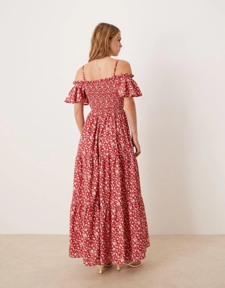 Kiss The Sky Kiss The Sky off-shoulder ditsy floral tiered midi dress in red 4