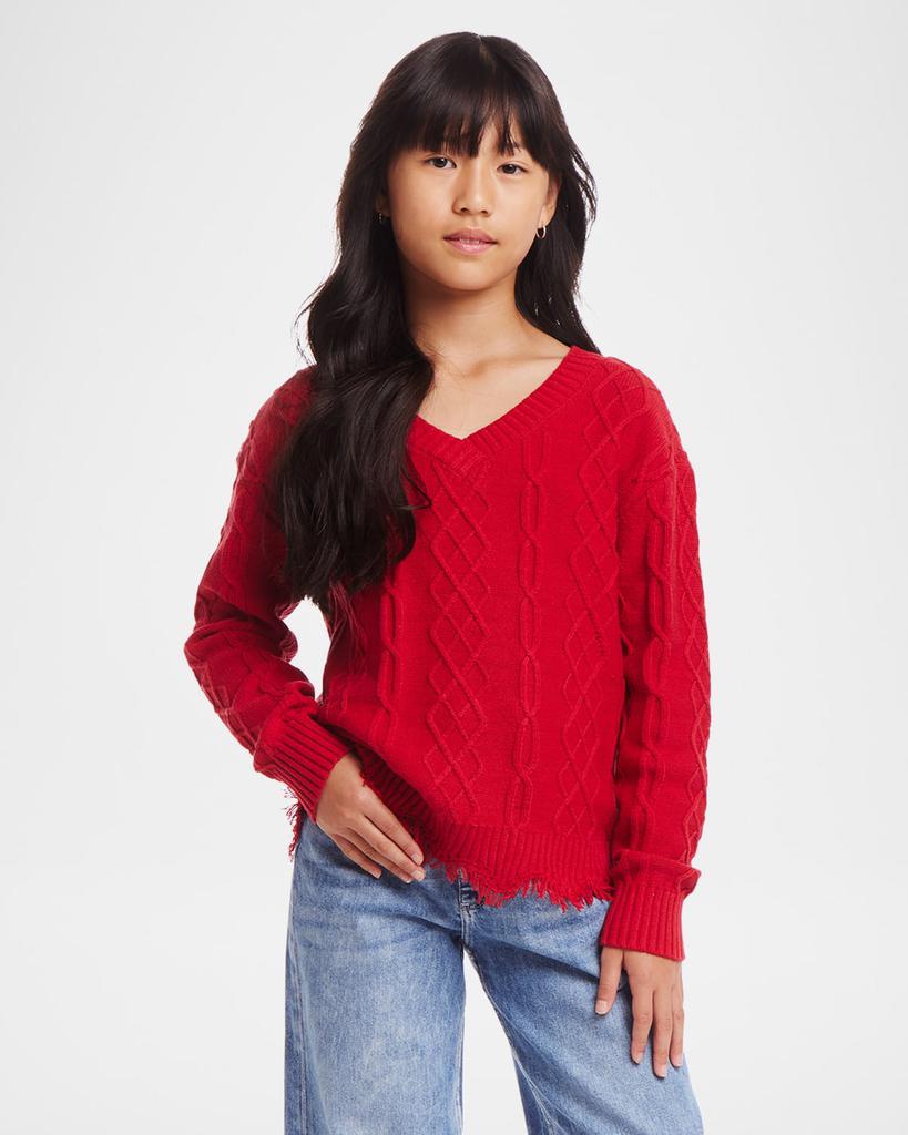 Andy & Evan Girl's Cable Knit V-Neck Sweater W/Frayed Edges, Size 7-16