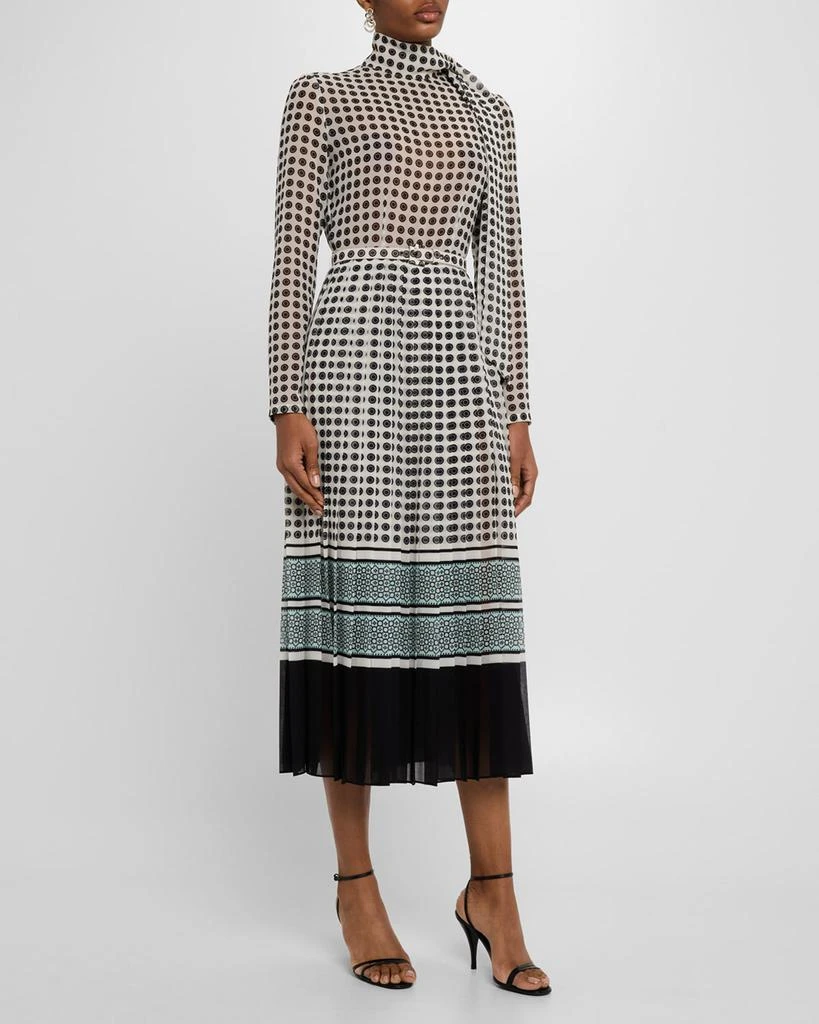 Monique Lhuillier Scarf-Neck Pleated Midi Day Dress With Belt 4