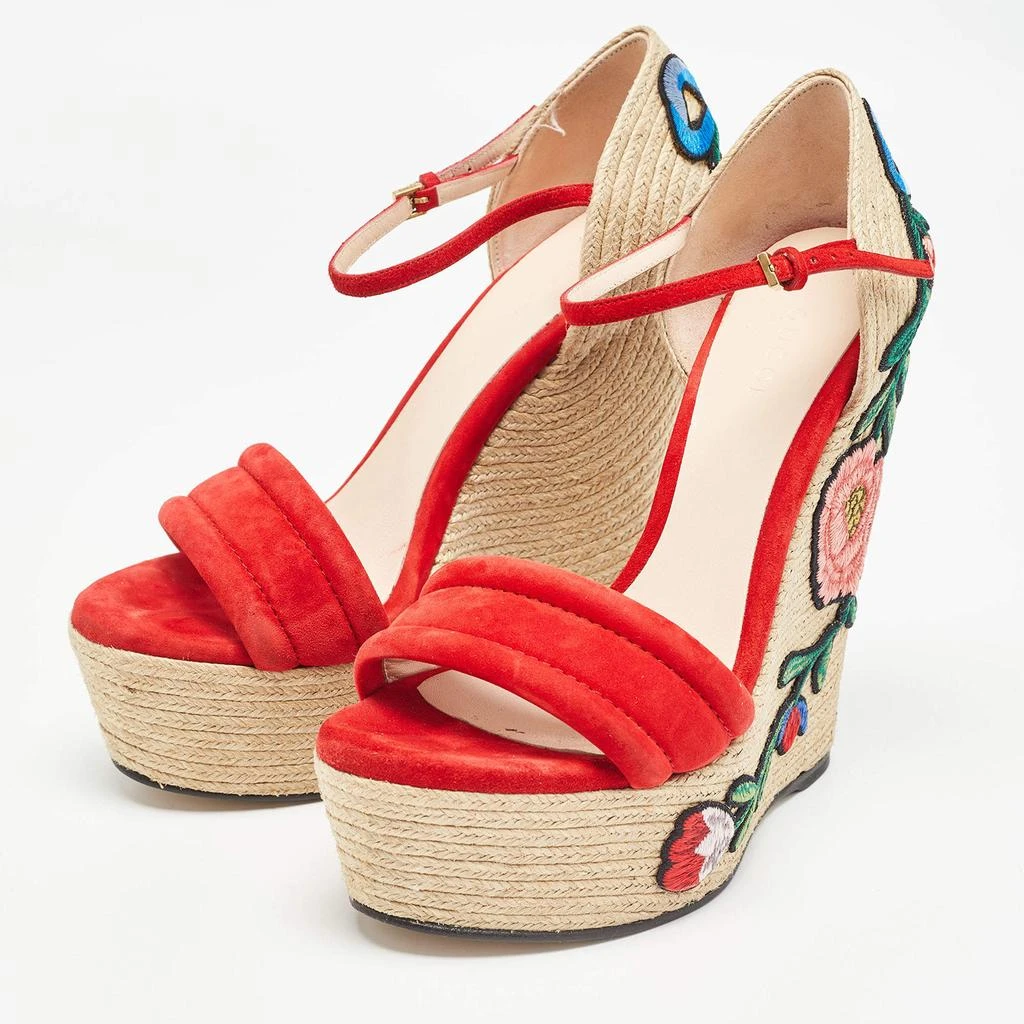Gucci Gucci Red/Beige Suede Floral Embroidered Espadrille Wedge Platform Ankle Strap Sandals Size 37.5 2