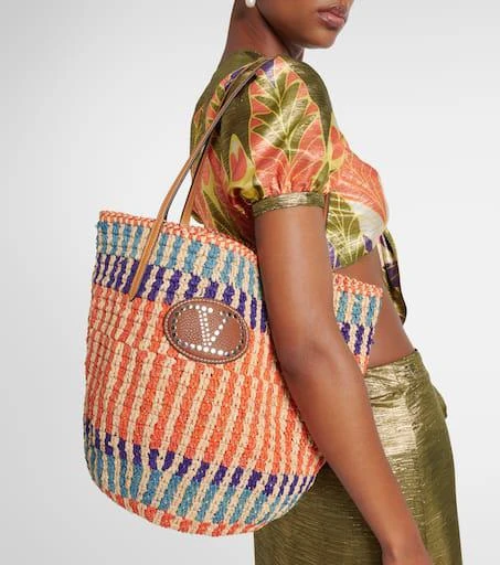 Valentino VLogo leather-trimmed raffia tote bag 2