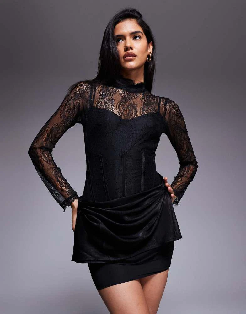 Afrm Sheer Long Sleeve Lace Mini Dress In Black Shailene Dress AFRM
