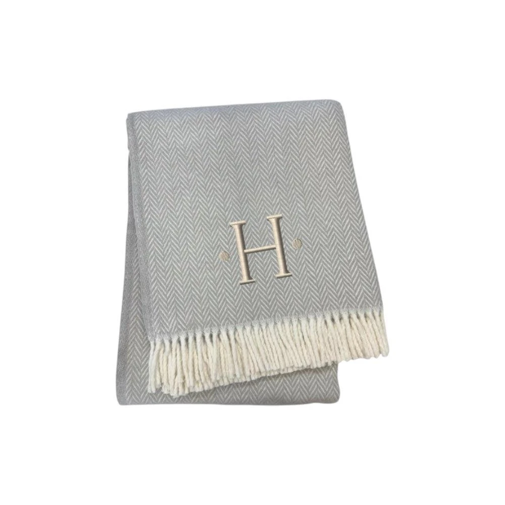Hivvago 55" X 70" Gray And White Herringbone Cotton Blend H Initial Throw Blanket with Tassels And Embroidery