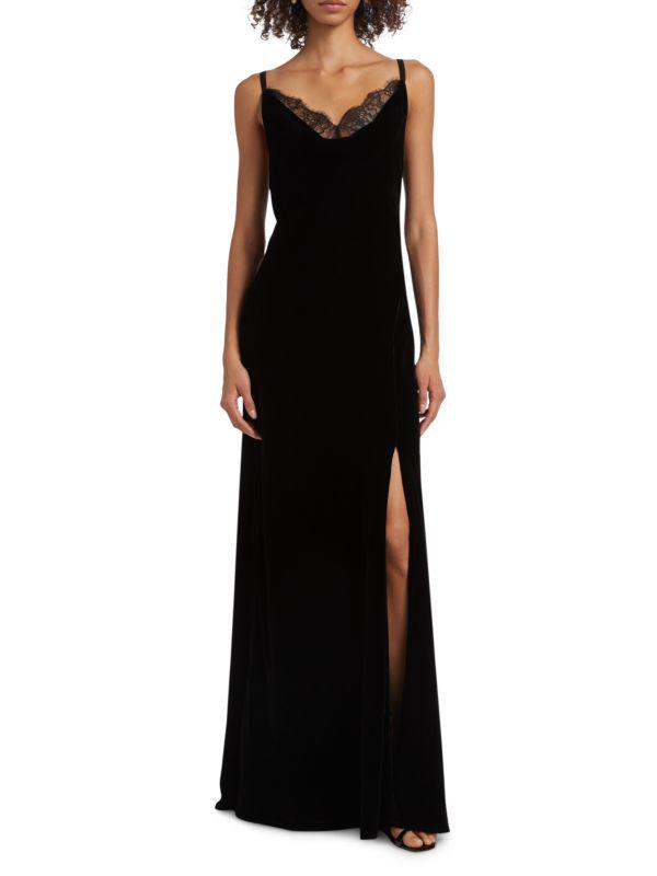 L'Agence Venice Velvet-Lace Cowlneck Gown