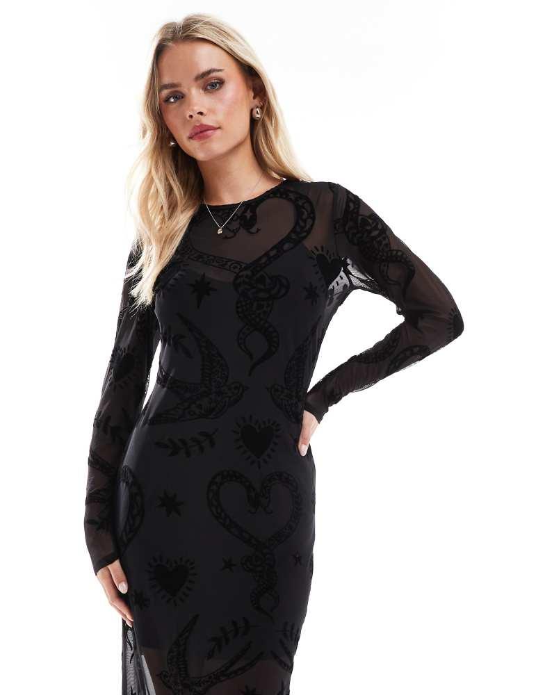 Never Fully Dressed Never Fully Dressed Petite Romance mesh maxi dress with slip in black