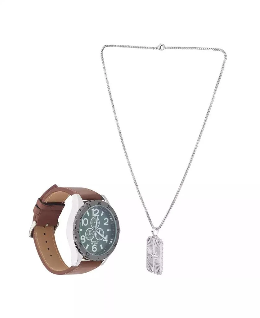 American Exchange Men's Black Polyurethane Leather Strap Analog Watch 48mm with Pendant Necklace Gift Set 2