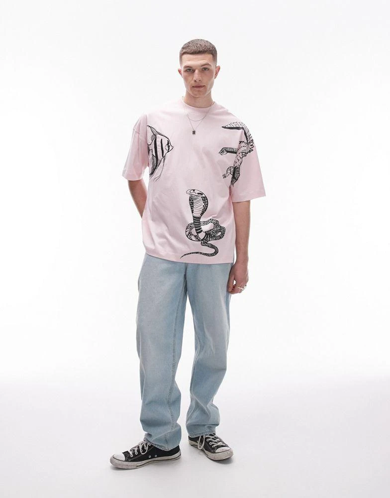 Topman Topman extreme oversized fit t-shirt with animal embroidery in pink