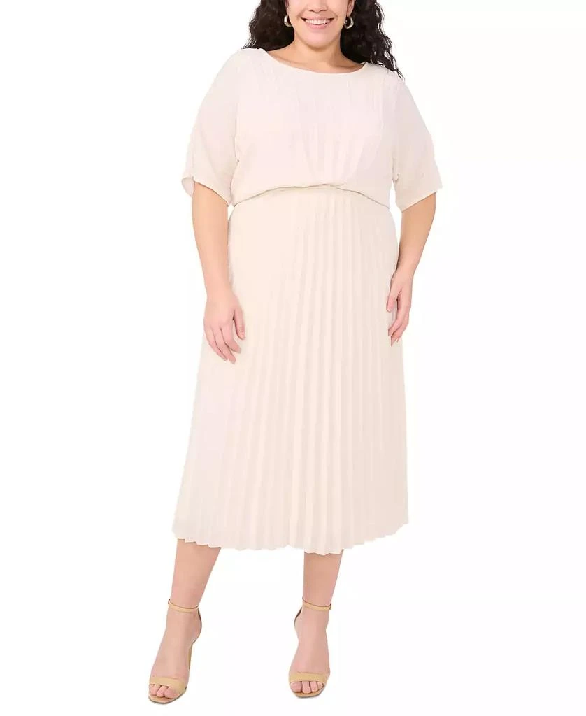 MSK Plus Size Round-Neck Flutter-Sleeve Pleated Midi Dress 1