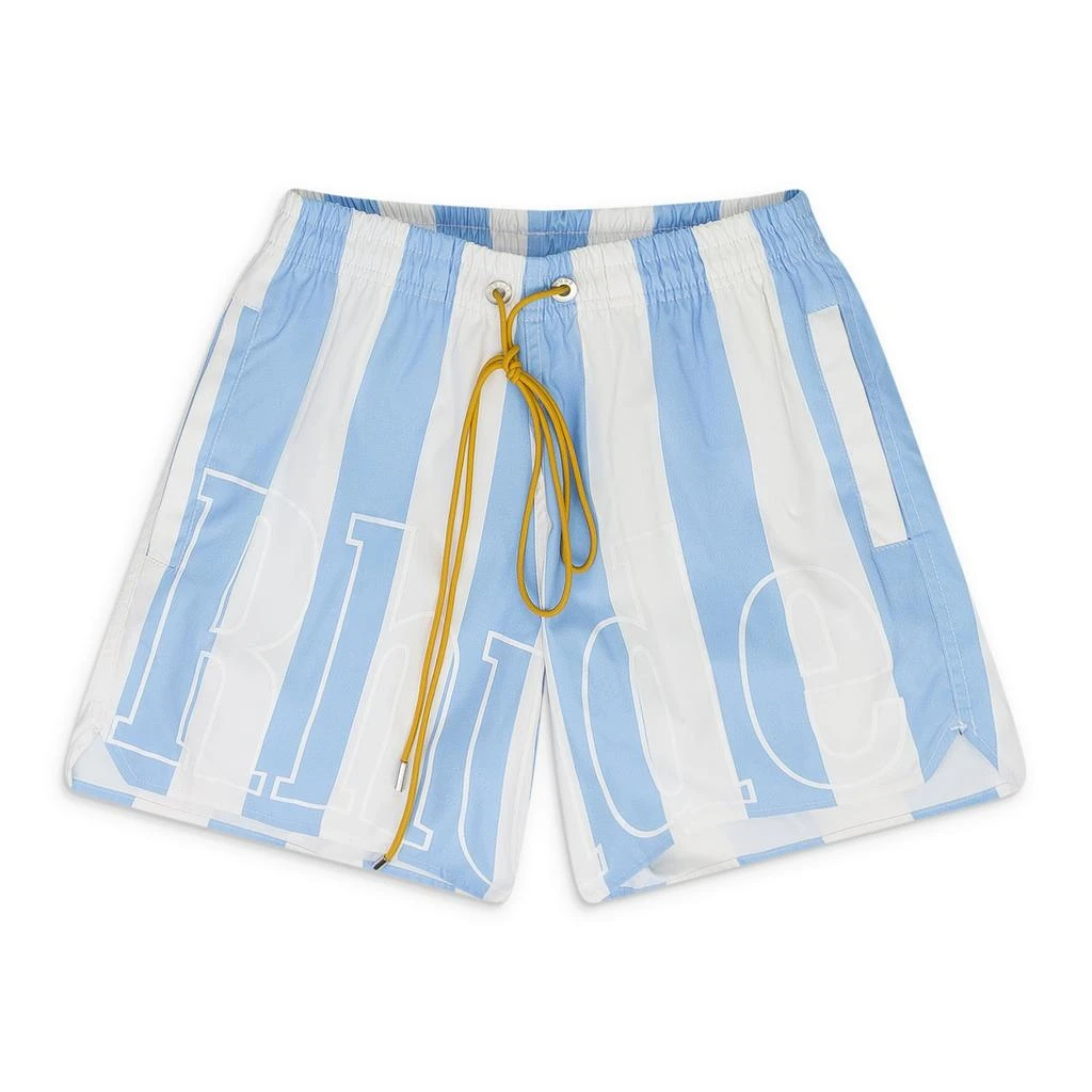 Rhude BLUE LOGO STRIPED SWIM TRUNKS from Premium Outlets