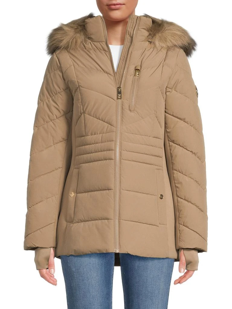 Michael Kors Chevron Quilted Faux Fur-Trim Hooded Puffer Jacket