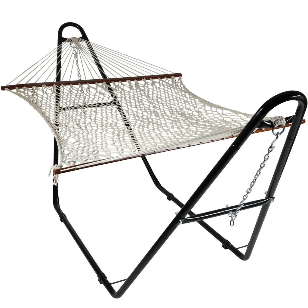 Sunnydaze Cotton Double Wide 2-Person Rope Hammock with Spreader Bars and Multi-Use Steel Stand - 450 lb Weight Capacity - White 1