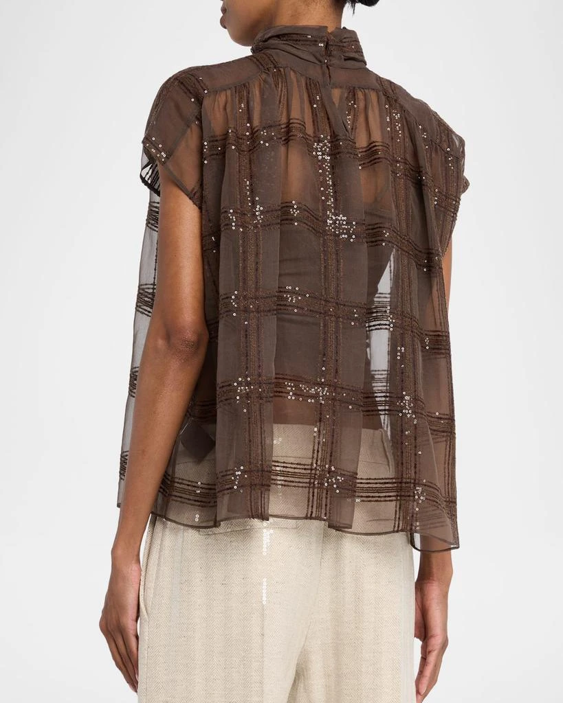 Brunello Cucinelli Prince Of Wales Paillette Crispy Silk Chiffon Blouse 3